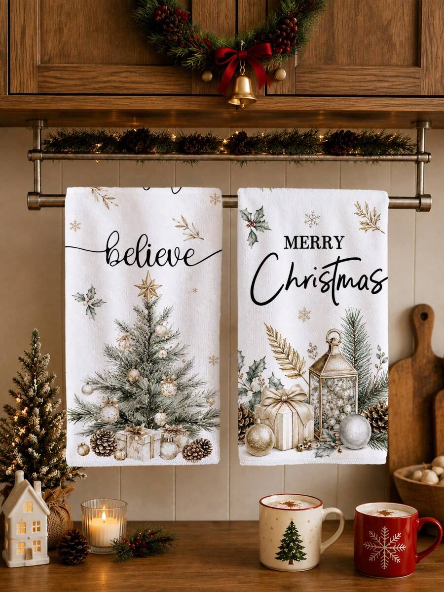 2pcs Christmas Tree & Colorful Ball Pattern Kitchen Towels, Soft Polyester Dish Cloths, Suitable For Kitchen Decor, Kitchen Cleaning, Holiday Party Decoration, Kitchen & Bathroom Supplies Home Essentials, Home Decor, Housewarming Gift - Multicolor - View 1
