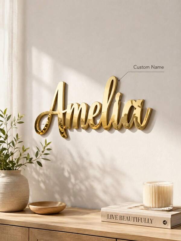 Custom Mirror Gold Acrylic Name Plate, Mirror Acrylic Name Plate, Multiple Font Options, Laser Cut, Multi-Purpose Wall Decor, Perfect For Bedroom And Living Room, Personalized Elegant Laser Cut Shiny Label Gift, Birthday Graduation Souvenir