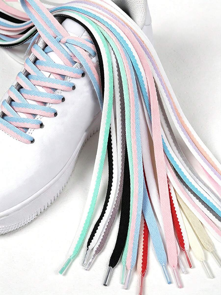 Classic Polyester Braided Shoelaces, Dual-Color Contrast Sports Shoes White Sneakers Shoelaces, Fashion Colorful Replacement Shoe Accessories. - Multicolor - View 1