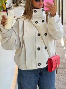 Women's Solid Color Fabric Front Button Jacket, College Style, Daily, Airport, Travel, Autumn/Winter - Apricot - View 4
