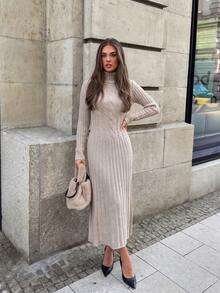 Early Fall Old Money Cable Knit Turtleneck Midi Dress, Women Long Sleeve Slim Fit Knit Dress - Oatmeal - View 3