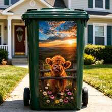 Cute Highland Cow Trash Can Sticker, Farmhouse Style Trash Can Decal, Waterproof Vinyl Trash Can Lid, Removable Trash Can Decoration, Suitable For Outdoor/Indoor, Aesthetic Garden Yard Home Decor, Easy Peel Sticker - Cow Trash Can - View 2