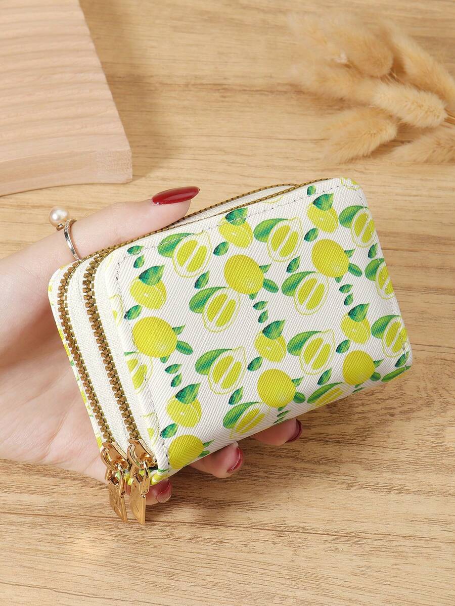 Fashionable Women's Simple Fruit Printed Card Bag, Large Capacity Multi Slot Card Holder, Double Zipper Clip, Suitable For Commuting And Going Out - White - View 1