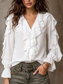 Plus Size Elegant Commuter Solid Color Ruffle Top White - White - View 10