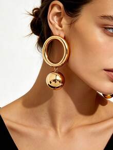 1 Pair European And American Vintage Style Polished Gold-Plated Metal Double-Layer Round Hoop With Large Ball Drop Long Earrings - Multicolor - View 1