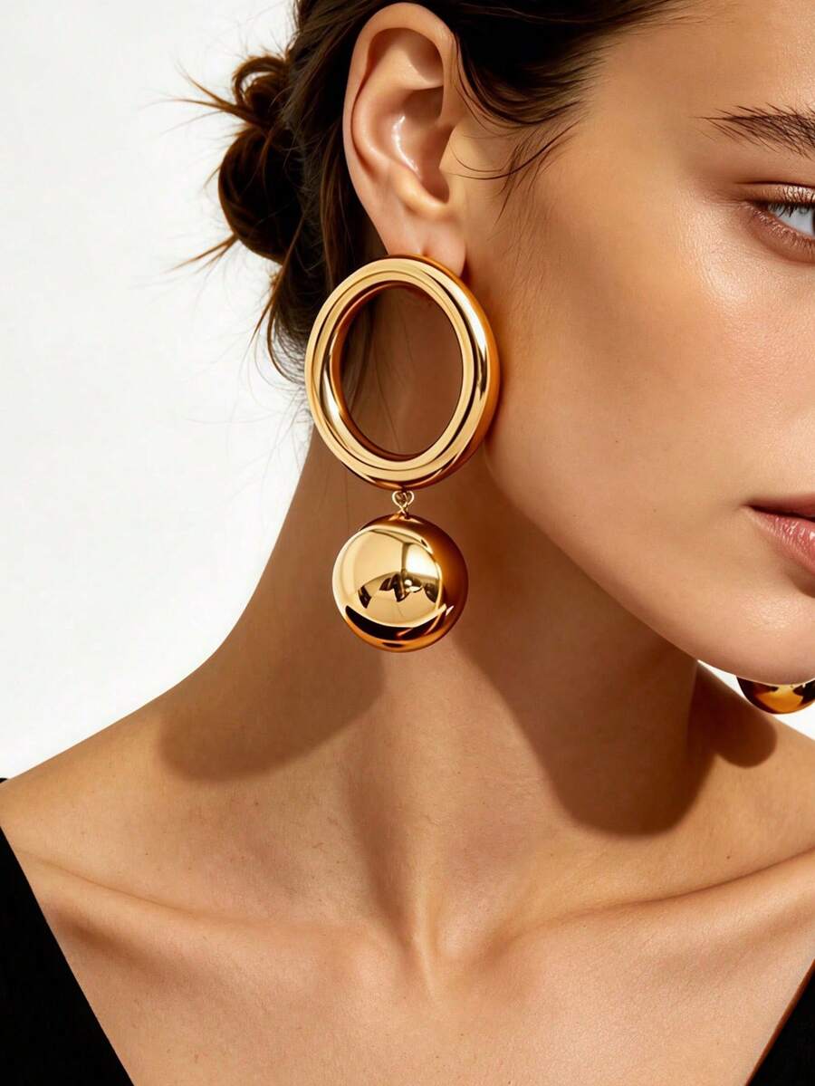 1 Pair European And American Vintage Style Polished Gold-Plated Metal Double-Layer Round Hoop With Large Ball Drop Long Earrings - Multicolor - View 1