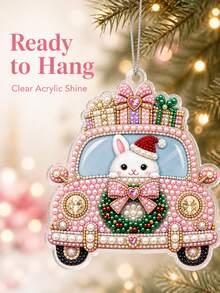 Custom Photo Christmas Ornament, DIY Pink Vintage Car Rabbit Hanging Pendant, Sparkly Pearl Painting Style Xmas Tree Decoration, Personalized Cute Festive Home Hanging Decor For Christmas Party - Multicolor - View 2
