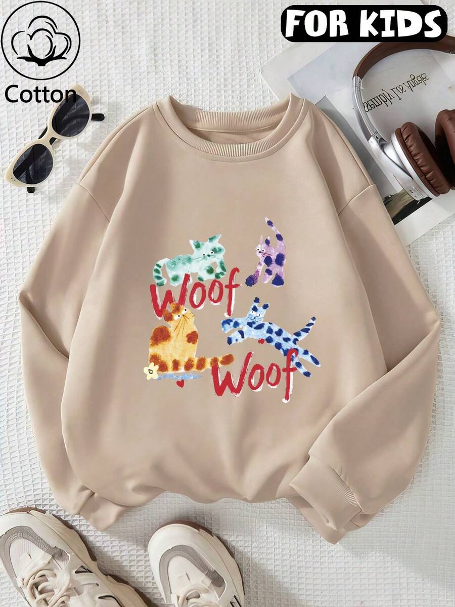 Tween Girl Crew Neck Sweatshirt, Colorful Watercolor Cat "Woof Woof" Letter Print Pure Cotton Pullover - Apricot - View 1