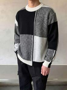 Teen Boys Streetwear Patchwork Round Neck Knitwear Relaxed Fit Sweater Top - Black and White - View 3