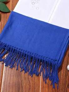 1PC Women's Minimalist Solid Color Regular Style Faux Cashmere Scarf, Pashmina Fringe Scarf, Fall Decor, Autumn Collegiate Style Shawl, Suitable For Seasonal Transitions, Daily Wear, Windproof And Warm, New Year Gift - Blue - View 4