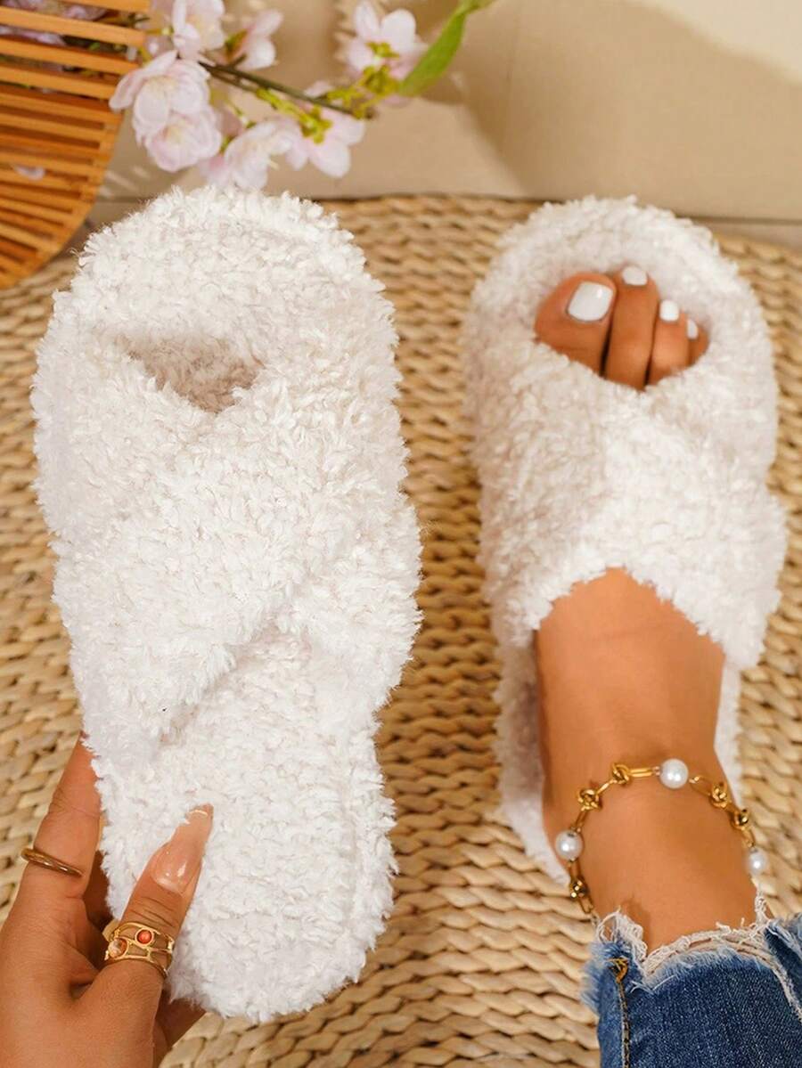 Women's Winter Plush Slippers Cross Strap Fuzzy Slippers Warm Autumn/Winter Fuzzy Slippers Cross Tie - White - View 1