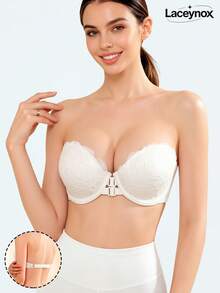 White Women's Lace Patchwork Bandeau Bra, Front Closure With Underwire Push-Up Backless Design, Seamless Non-Slip Lightweight Lined Cups - White - View 2
