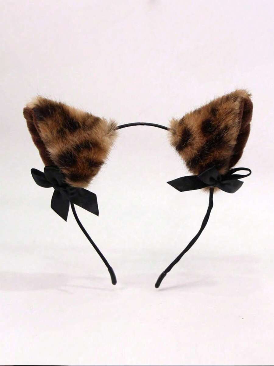 2PCS Brown (Cat Ears + Bell) 1set, Leopard Print, Cat Ears, Wolf Ears, Halloween Fox Ears, Cute Party Polyester Headband Animal Ears COS Headpiece, Wearable All Seasons, Christmas - Multiple Styles - View 1