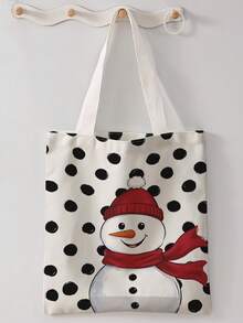 1pc Polka Dot Snowman Print Canvas Tote Bag, Large Capacity Hand‑Held Shoulder Bag,Reusable Shopping Bag For Music Festival Party Daily Packing Books - Multicolor - View 1