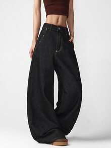 1pc Women's Retro American Street Style Distressed Blue Rivet Patchwork Back Pocket Loose Comfortable Wide Leg Jeans, Fashionable Versatile Denim Pants For All Seasons (Belt/Accessories Not Included) - Black - View 9