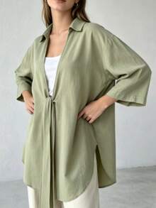 Casual Fashionable Women's Green Kimono-Style Long Blouse, With Shirt Collar And Tie Design, Ideal For Spring And Autumn, Comfortable To Wear Fall - Green - View 3