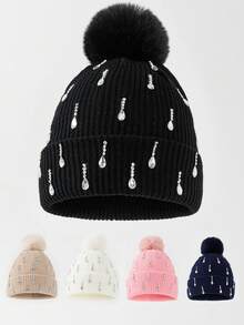 1pc Women's Fashion Handmade Rhinestone Raindrop Heavy Embellished Pom Pom Knit Beanie Hat, Suitable For Autumn/Winter Daily Warmth And Travel Outfit - A - View 8