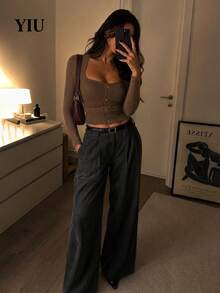 Kardigan Rajut Rib Cokelat Wanita YIU LUMOS, Leher Kotak Kancing Depan Gesper Sabuk Crop, Atasan Elegan Seksi Gaya Prancis untuk Kencan Harian Kantor Musim Gugur dan Musim Dingin - Coklat - View 4