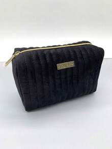 Portable Plush Black Striped Travel Makeup Pouch Metal Brand Plate Toiletry Storage Cosmetic Case For Personal Use Or As A Gift - Shiseido Cosmetic Bag - Black - View 1