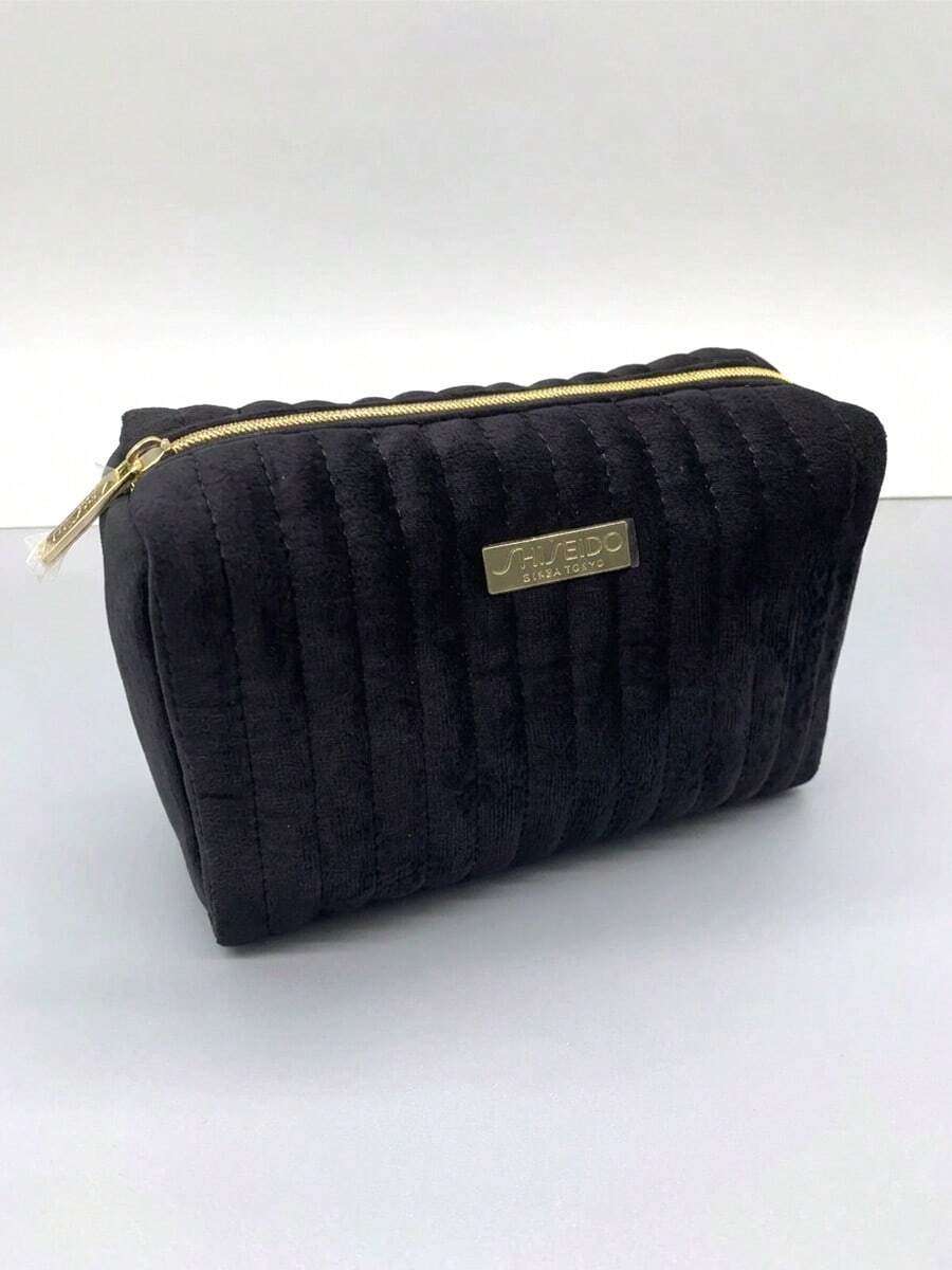 Portable Plush Black Striped Travel Makeup Pouch Metal Brand Plate Toiletry Storage Cosmetic Case For Personal Use Or As A Gift - Shiseido Cosmetic Bag - Black - View 1