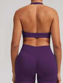 Women's Seamless Camisole Training 2-Piece Set, High Elasticity Fitness Wear, Sports Bra With Removable Built-In Padding + High Waist Bike Shorts, Suitable For Fitness Training - Purple - View 7