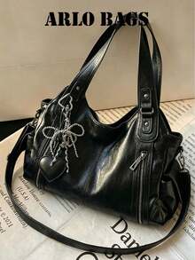 Tote Bag With Pearl Bow & Heart Pendant Decor, Multi-Compartment Large Capacity Storage, Zipper Closure, Vintage Spicy Girl Style, Suitable For Students, Commuting, Travel, Daily Outings, Cool Girl Shoulder & Underarm Bag, Crossbody & Backpack Multi-Use Large Bag - Black - View 9