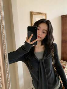 Women's 2 In 1 Patchwork Long Sleeve Base Layer Top, Slim Fit Flattering Inner Layer With Tie Detail And Contrast Color T-Shirt, Spring/Autumn - Dark Grey - View 4