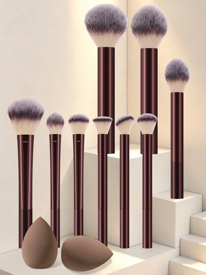 11Pcs Makeup Tool Set, Includes 9Pcs Premium Synthetic Makeup Brushes For Powder, Blush, Contour, Eyeshadow, Detail Makeup & 2Pcs Soft Makeup Sponges, Versatile Cosmetic Applicator Kit For Liquid, Powder & Cream Makeup, Daily Face Makeup Accessories