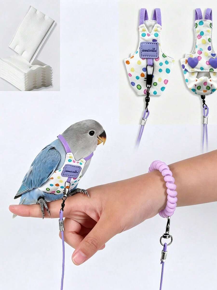Colorful Polka Dot Parrot Flight Suit Leash Set With Wrist Strap + 50pcs Disposable Diaper Set, Adjustable Anti-Escape Bird Harness Leash, Multi-Color Portable Anti-Loss Outdoor Flight Rope, Suitable For Cockatiel, Budgie, Small And Medium Parrots, Outdoor Park Walking, Travel Carrying, Daily Window Venting Anti-Loss