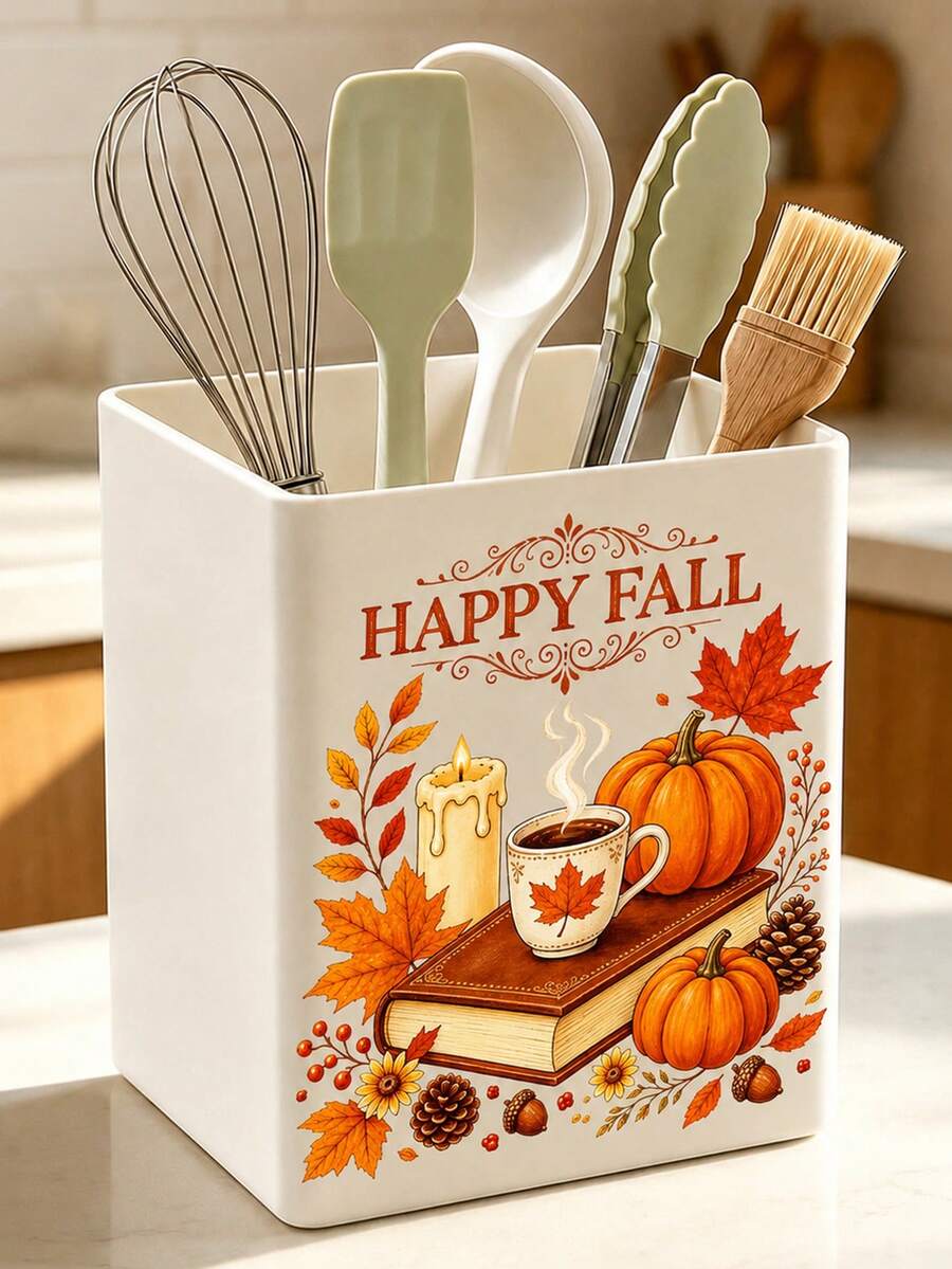 Autumn Theme Book-Shaped Coffee Pumpkin Multi-Function Storage Box, Desktop Organizer Container, Can Hold Makeup Brushes, Pens, Remote Controls, Tableware And Small Items. Compact Space-Saving Storage Item, Suitable For Bathroom, Kitchen - Multicolor - View 1