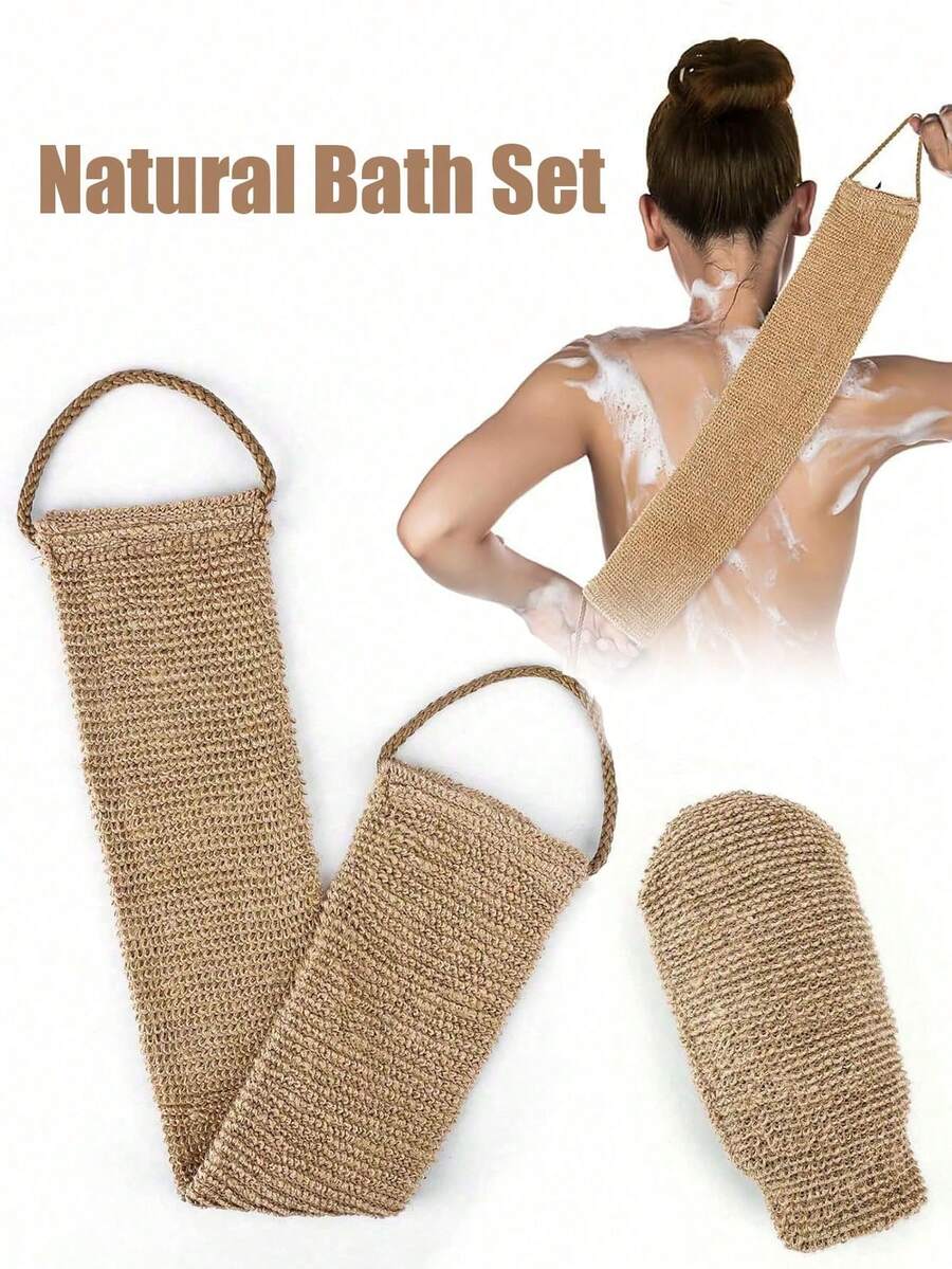 2pcs Natural Exfoliating Set (Exfoliating Strip + Glove), 100% Fiber Back Scrubbing Strip, Natural Exfoliating Back Scrubbing Belt, Unisex Long Bath Sponge, Makes Skin Smoother And Cleaner, Multi-Functional Exfoliating Face Towel - Multicolor - View 1