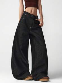 1pc Women's Retro American Street Style Distressed Blue Rivet Patchwork Back Pocket Loose Comfortable Wide Leg Jeans, Fashionable Versatile Denim Pants For All Seasons (Belt/Accessories Not Included) - Black - View 8