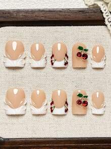 10pcs Handmade Short Square Nail Tips, Yellow-Green Marble French Edge, Fresh Gradient, 3D Metallic Flower, Wavy Texture Gel-X Nails, Pearl Gold Bead Pattern Tips, Suitable For Party And Wedding - Multicolor - View 3