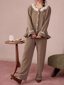 Gongdie 2pcs/Set Miffy Women's Fleece Pajama Set, Winter Brown Soft Warm Loungewear With White Lace And Ruffle Hem - Brown - View 3