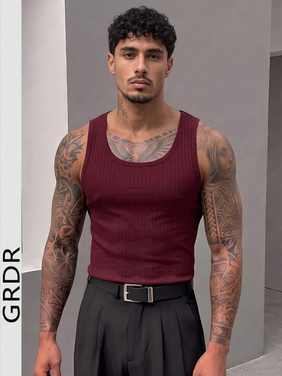 GRDR Men's Summer Ribbed Casual Minimalist Sleeveless Tank Top - Red - View 1