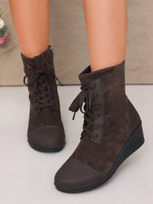 1 Pair Autumn/Winter Suede Patchwork Wedge Heel Women's Boots, Lace-Up Minimalist Thick Sole Versatile Short Boots - Brown - View 5