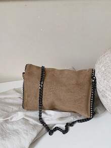 Women Envelope Crossbody Bag Solid Color Suede Fabric Rivet Trim Chain Strap Pendant Decor Medium Capacity Chic Style For Women Party Daily Use - Khaki - View 3