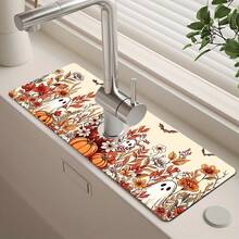 1pc Halloween Ghost Pumpkin Pattern, Sink Faucet Absorbent Mat, Drainage Mat, Suitable For Kitchen, Bathroom Sink, Countertop, Drainage Mat, Diatomaceous Earth Material, Trimmable, Quick-Drying Mat - Multicolor - View 1