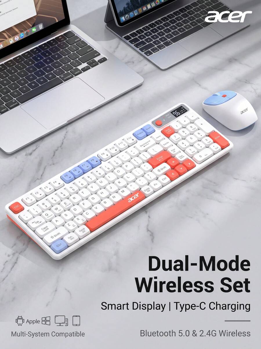 Acer OKR232 Dual-Mode Keyboard And Mouse Set, Fully Compatible With PC And Tablet, Rechargeable With Display, Bluetooth 5.0 + 2.4G Wireless, 100-Key Compact Layout, One-Key Switch For Mac/Win/Android - View 1