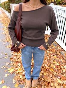 Live To Mo Women's Brown Cold Shoulder Knit Top, Long Sleeve Slim Fit Sweater, Elegant Outfit Suitable For Autumn Business, Back To School, Dating - Brown - View 6