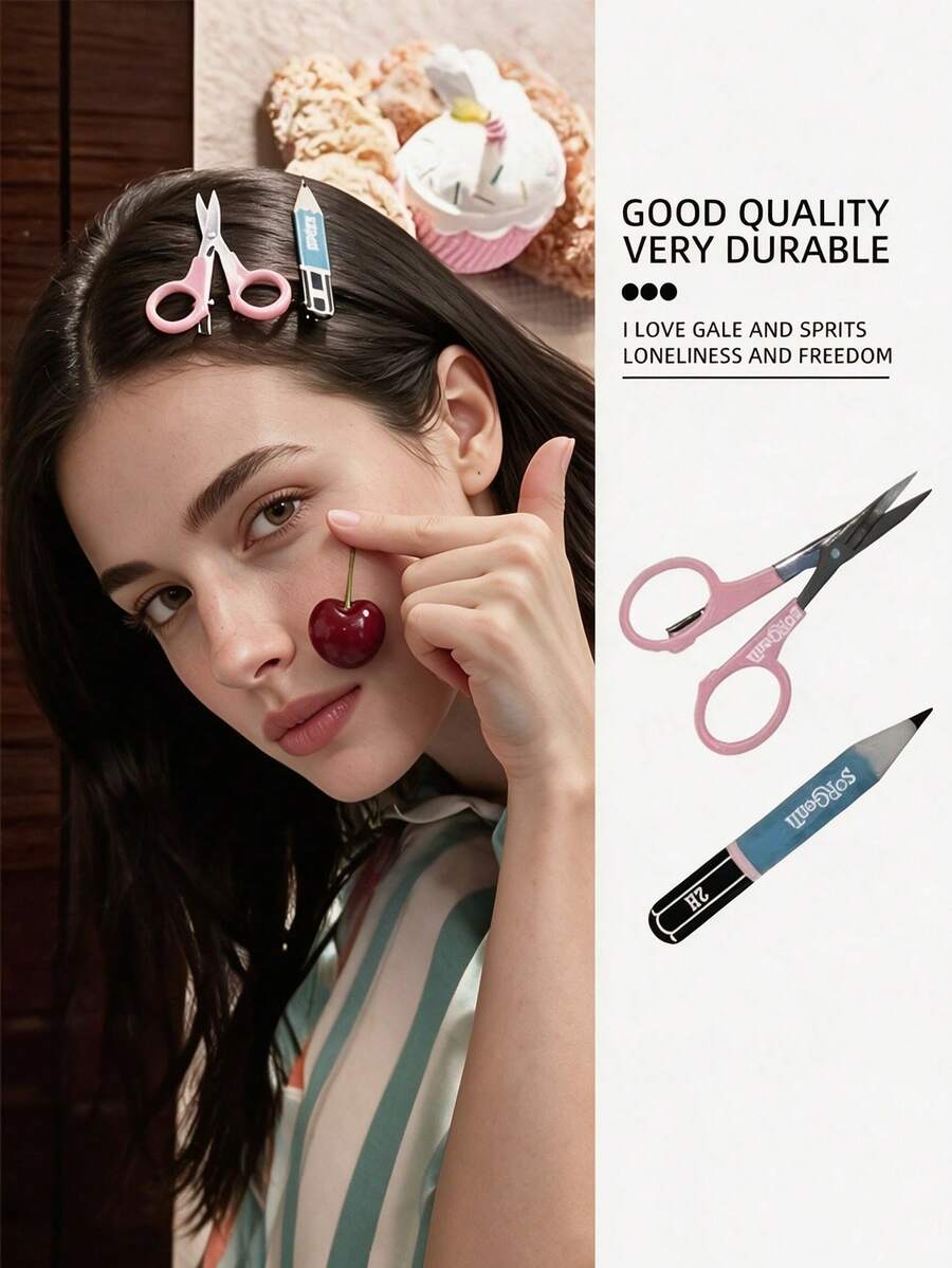 2pcs Creative Simulation Scissors Pencil Hair Clips, Quirky Funny Side Clips, Niche Design Bangs & Loose Hair Accessories - Multicolor - View 1