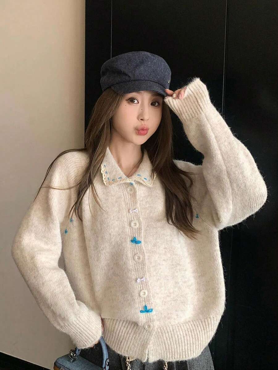 女款秋冬新款蕾絲領拼接針織開襟上衣 - 杏色 - 查看 1
