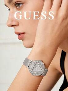 Guess Women's Sparkling Luxury Quartz Watch, Silver Round Case, Fully Paved Dial, Triangle Logo, Metal Mesh Strap, Shiny Evening Style Fashion Watch - Silver - View 2