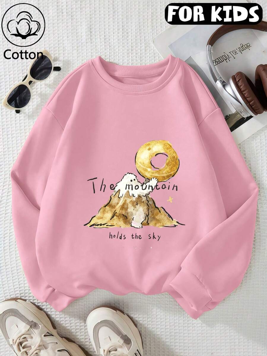 Tween Girl Crew Neck Sweatshirt, Cartoon Mountain Donut Letter Print Pure Cotton Pullover - Pink - View 1