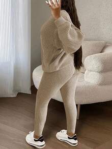 Women's Round Neck Ribbed Solid Color Casual Top + Elastic Drawstring Pencil Pants, Knit Pants 2 Pieces Set, Comfortable Winter Daily Outfit - Khaki - View 2