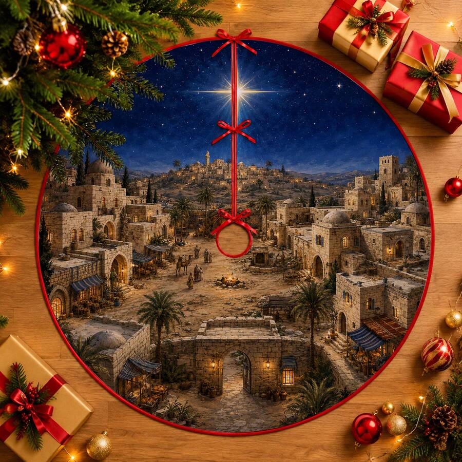 1pc Bethlehem Ancient City Scene Pattern Christmas Tree Skirt, Elegant Color Holiday Decor, 5 Sizes, Unisex Holiday Gift, Suitable For Home And Party Christmas Home Decoration - Bethlehem Ancient City Market - View 1