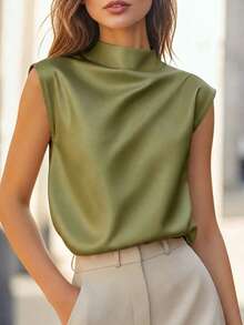 Women's Elegant Solid Satin Blouse, Suitable For Dates And Office Summer - Olive Green - View 8