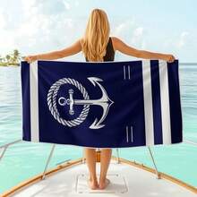 1pc Blue & Navy Blue Anchor Pattern Beach Towel, Nautical Style Polyester Rectangular Large Bath Towel, Suitable For Women's Vacation And Poolside Use - Multicolor - View 9