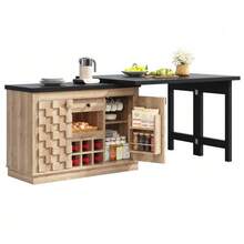 360° Rotating Kitchen Island And Sideboard 120–197 Cm With Patchwork Doors, Removable Wine Rack And Drawers, 2 Colors (Light Oak / Black) - Natural Color - View 6