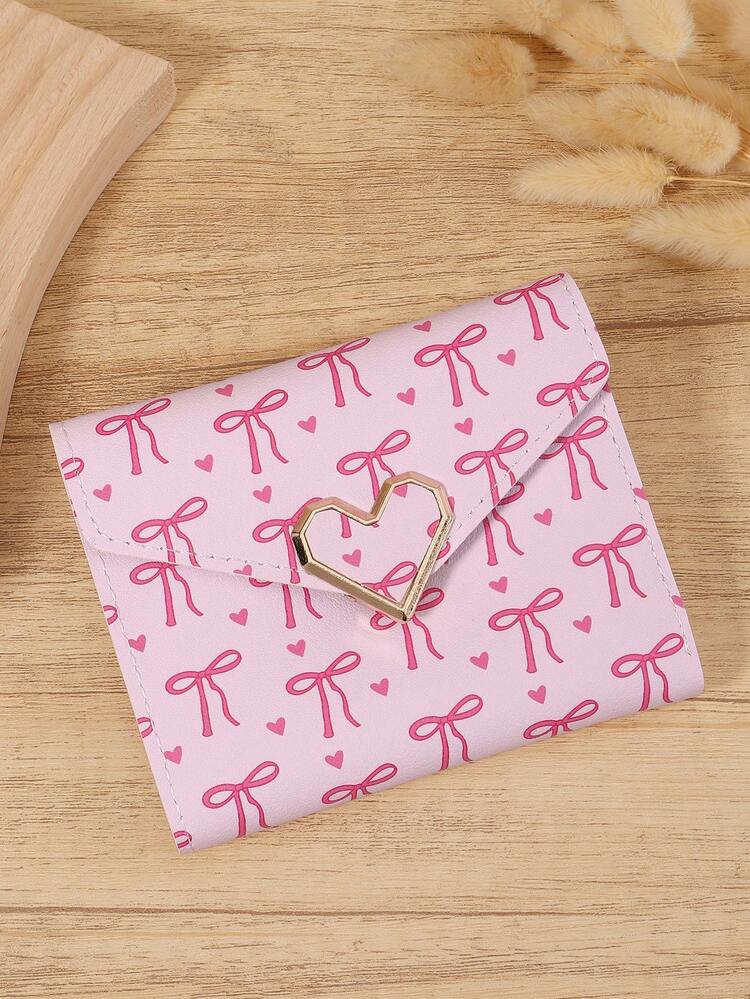 Fashionable Women's Bow Print Simple Casual Multifunctional Card Holder, Metal Heart Decoration Multifunctional Wallet, Three Fold Women's Wallet - Hot Pink - View 4